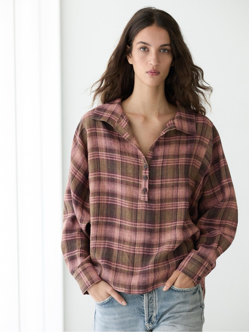 Massimo Dutti Rose and Brown Plaid Button-Down Shirt